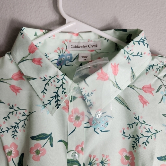 Coldwater Creek Mint Moth/Beetle/Floral LS Buttonfront Shirt-Size 14 (NWT) - Picture 4 of 7